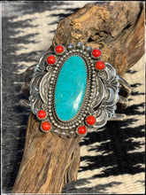 Load image into Gallery viewer, Ernest &quot;Bo&quot; Reeder, Navajo silversmith. Turquoise and coral, triple split shank cuff. 
