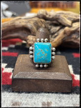 Load image into Gallery viewer, Michael Calladitto, Navajo silversmith.  Sterling silver and Kingman turquoise square rings.
