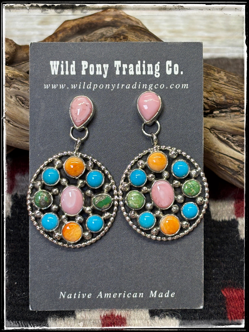 Sheila Becenti, Navajo silversmith.  Sterling silver and mixed stone and shell dangle earrings.  