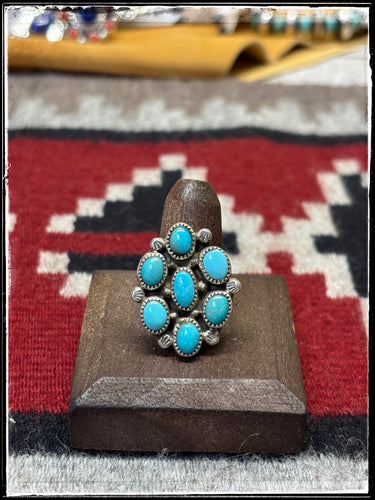 Priscilla Reeder, Navajo silversmith.  Sterling silver and turquoise cluster ring. Size 8. 