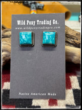 Load image into Gallery viewer, Virginia Becenti, Navajo silversmith.  Sterling silver and Kingman turquoise square studs.  
