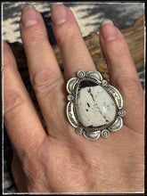 Load image into Gallery viewer, Emma Mae Linkin, Navajo silversmith.. White Buffalo and sterling silver ring. 
