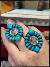 Load image into Gallery viewer, Annie Spencer, Navajo silversmith.  Sterling silver, Kingman turquoise, and a mercury dime cluster ring with an adjustable band. 
