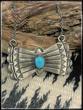 Load image into Gallery viewer, Rick Enriquez, sterling silver and kingman turquoise bowtie necklace on a 16&quot; chain.
