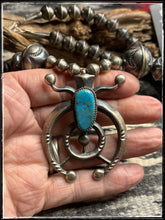 Load image into Gallery viewer, Matha Cayatineto sterling silver Naja with turquoise. Handmade beads with matching earrings from Navajo silversmith Calvin Largo.  Naja. 
