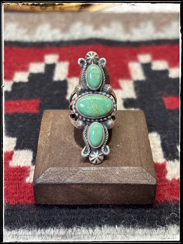 Rosella Paxson, Apache Silversmith.  Triple stone turquoise ring.  Sz 8 1/2. 