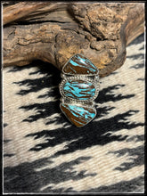 Load image into Gallery viewer, LaRose Ganadonegro, sterling silver and Candelaria turquoise 3 stone ring.
