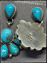 Load image into Gallery viewer, Debra Smith, Navajo silversmith.  Sterling silver and Kingman turquoise half cluster drop earrings.  Hallmark stamp. 
