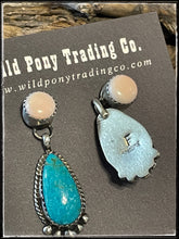 Load image into Gallery viewer, Freda Martinez, sterling silver, Kingman turquoise, and pink conch earrings - hallmark
