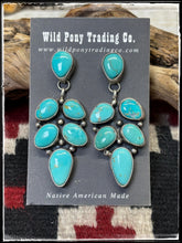 Load image into Gallery viewer, Ella Petters, Navajo silversmith.  Sterling silver and Kingman turquoise drop cluster earrings. 

