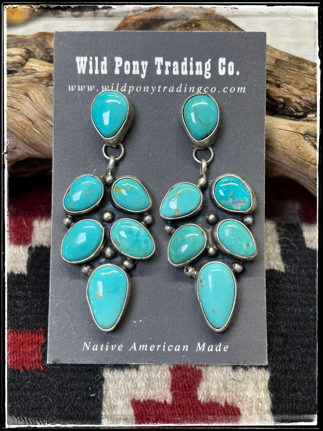 Ella Petters, Navajo silversmith.  Sterling silver and Kingman turquoise drop cluster earrings. 