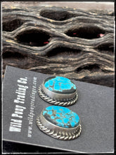 Load image into Gallery viewer, Chassity Belone, Navajo silversmith.  Sterling silver and Kingman turquoise round stud earrings.  
