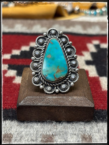 Rosella Paxson, Navajo silversmith.  Sterling silver and turquoise ring, size 8 1/4. 