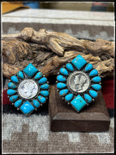 Load image into Gallery viewer, Annie Spencer, Navajo silversmith.  Sterling silver, Kingman turquoise, and a mercury dime cluster ring with an adjustable band. 
