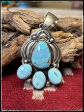 Load image into Gallery viewer, Darrin Livingston, Navajo silversmith.  Sterling silver and Golden Hills turquoise pendant and earring set. 
