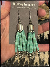 Load image into Gallery viewer, 6 strand tassel earrings made with 3mm sterling silver beads and 5mm turquoise disk beads
