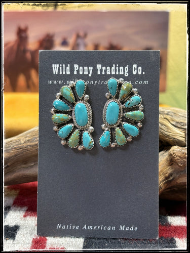 Alicia Wilson, Navajo silversmith.  Sterling silver and blue green Kingman turquoise 1/2 cluster earrings. 