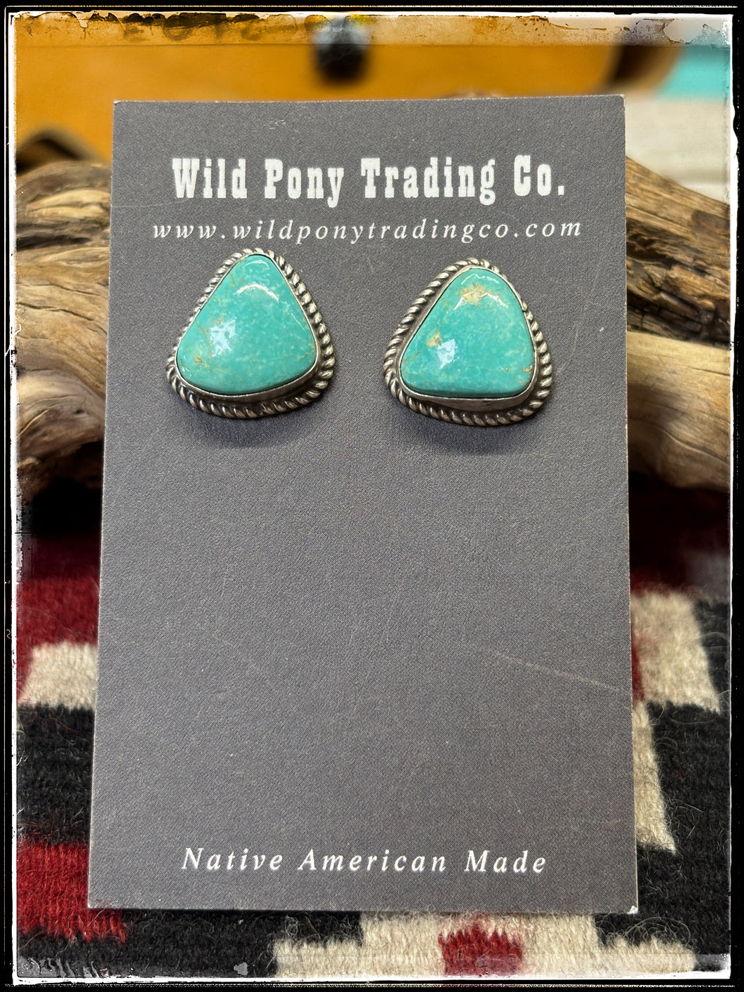 Judith Dixon, Navajo silversmith. Sterling silver and Kingman turquoise stud earrings. 