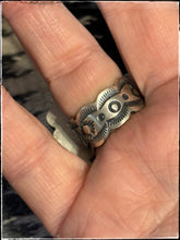 Load image into Gallery viewer, Golden Hills turquoise and sterling silver ring from Navajo silversmith, Bobby Johnson.  Wide Band view. 
