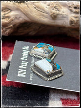 Load image into Gallery viewer, Judith Dixon, Navajo silversmith.  Sterling silver and Kingman krush stud earrings.

