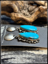 Load image into Gallery viewer, Freda Wilson, Navajo silversmith.  Turquoise drop earrings with silver disc stud posts    Earring A
