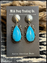 Load image into Gallery viewer, Freda Wilson, Navajo silversmith.  Turquoise drop earrings with silver disc stud posts    Earring B
