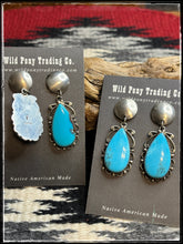 Load image into Gallery viewer, Freda Wilson, Navajo silversmith.  Turquoise drop earrings with silver disc stud posts    Hallmark
