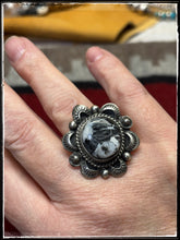 Load image into Gallery viewer, Jaunita McDonald, Navajo silversmith. Sterling silver and white buffalo ring with an adjustable band.
