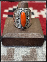 Load image into Gallery viewer, Mary Ann Spencer, Navajo silversmith. Sterling silver and coral cigar band ring. Size 13. 
