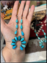 Load image into Gallery viewer, Anyssa Martinez, Navajo silversmith.  Sterling silver and Kingman turquoise Naja necklace. Option A. 
