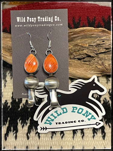 Tia Long, navajo silversmith, orange spiny and sterling silver squash blossom earrings 