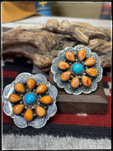 Load image into Gallery viewer, Kee Johnson, Navajo silversmith.  Sterling silver, orange spiny shell, and turquoise cluster rings with an adjustable band.  
