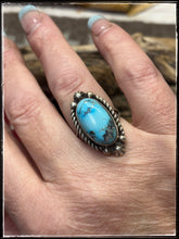 Load image into Gallery viewer, Blaine Yellowhorse, Navajo turquoise. Sterling silver and Kingman turquoise ring. Sz. 8 1/2
