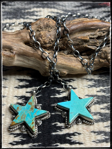 Donovan Skeets, Navajo silversmith.  Turquoise star lariat necklaces. 