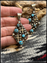 Load image into Gallery viewer, Sterling silver and turquoise, dot &amp; cross pattern pendant with a small bail .

