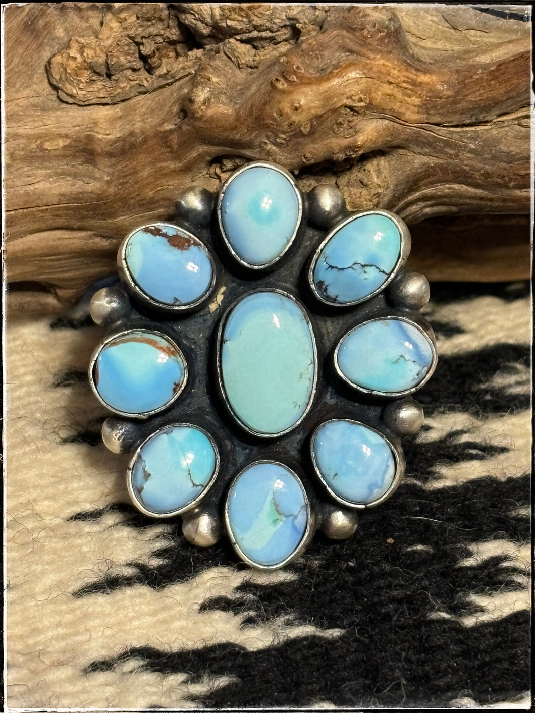 Golden Hills turquoise and sterling silver ring from Navajo silversmith, Bobby Johnson. 
