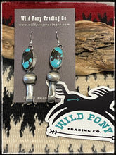 Load image into Gallery viewer, Tia Long, navajo silversmith, Thunder Mountain turquoise and sterling silver squash blossom earrings 
