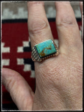 Load image into Gallery viewer, Sterling silver and Kingman turquoise signet style ring. Size 13, stamped with R.  Navajo made.  
