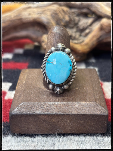 Blaine Yellowhorse, Navajo turquoise. Sterling silver and Kingman turquoise ring. Sz. 8 1/2