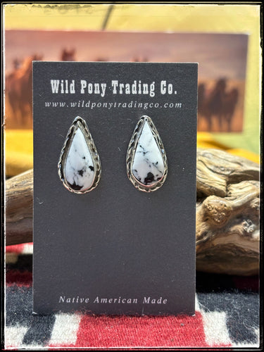 Mike Deman, Navajo silversmith.  Sterling silver and White Buffalo teardrop studs. 