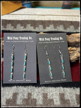 Load image into Gallery viewer, Murray Hannaweeka, Zuni silversmith.  Sterling silver and either three or four turquoise stick earrings. 
