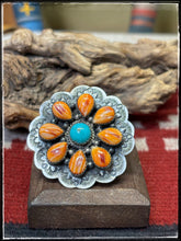 Load image into Gallery viewer, Kee Johnson, Navajo silversmith.  Sterling silver, orange spiny shell, and turquoise cluster rings with an adjustable band.   Option B. 
