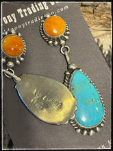 Load image into Gallery viewer, Elouise Kee, sterling silver, blue turquoise and orange spiny  oyster shell earrings  

