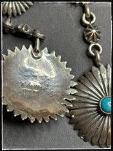 Load image into Gallery viewer, Verley Betone, Navajo silversmith. Coral and turquoise flower bloom concho earrings.   Hallmark
