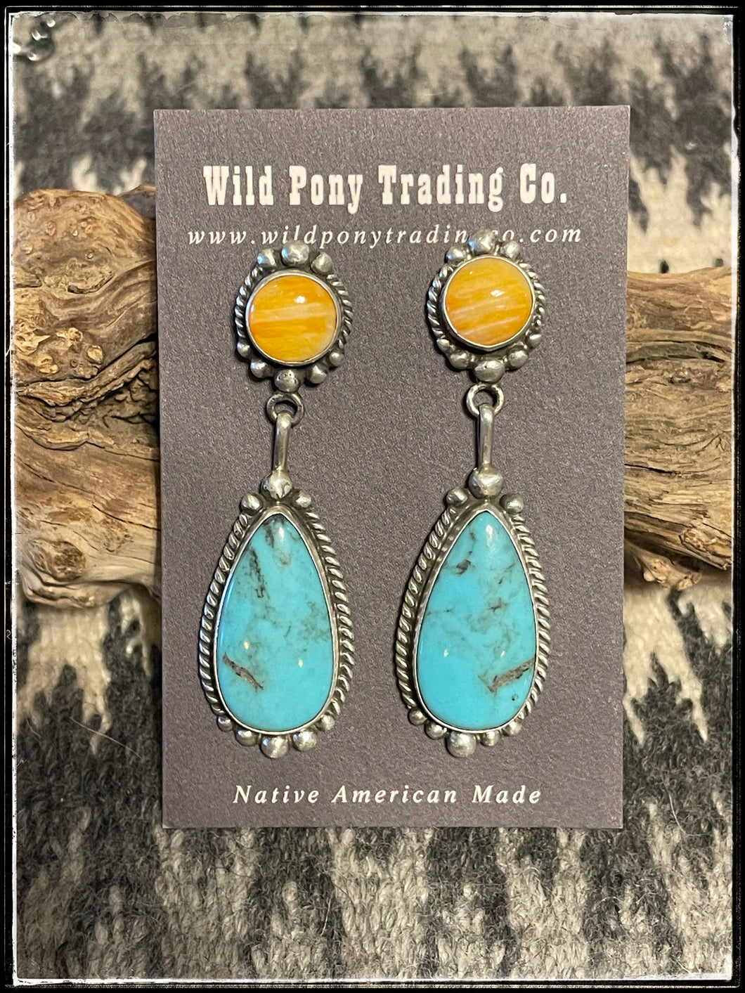 Elouise Kee, sterling silver, blue turquoise and light orange spiny  oyster shell earrings  