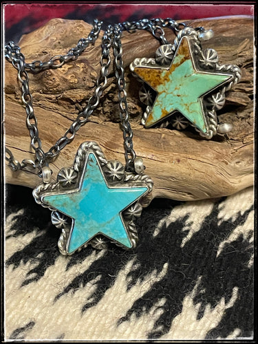 Sterling silver and kingman turquoise star necklaces in green and blue