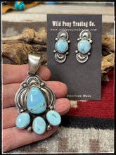 Load image into Gallery viewer, Darrin Livingston, Navajo silversmith.  Sterling silver and Golden Hills turquoise pendant and earring set. 
