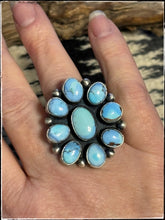 Load image into Gallery viewer, Golden Hills turquoise and sterling silver ring from Navajo silversmith, Bobby Johnson. 
