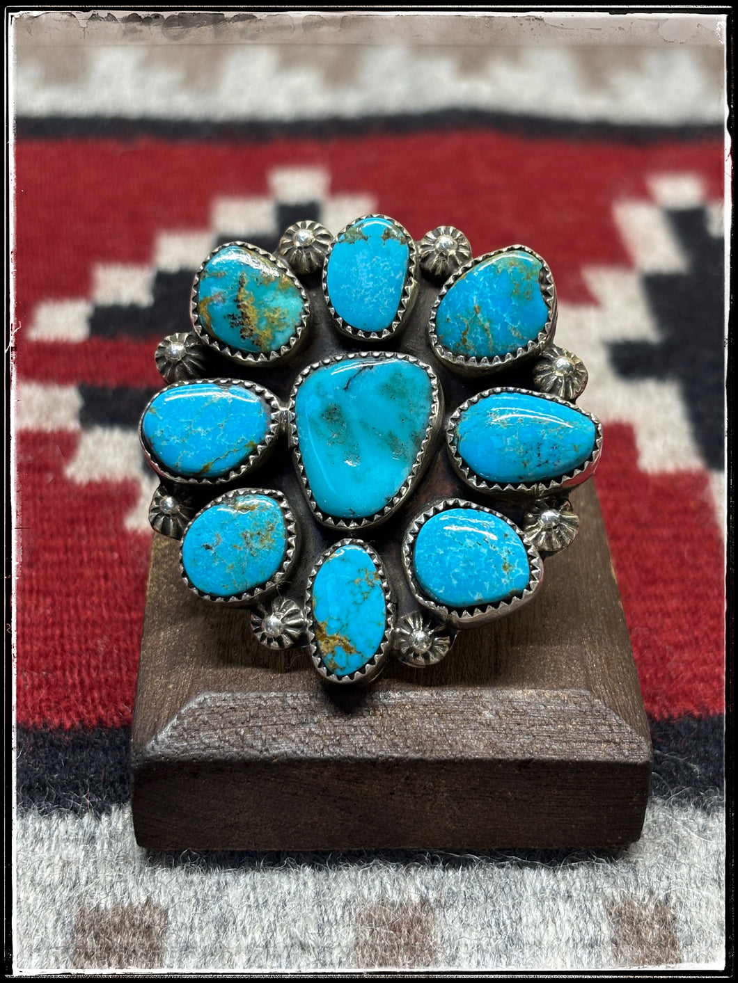 Jeff Largo, Navajo silversmith. Turquoise and sterling silver cluster ring, size 8.