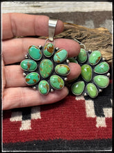 Load image into Gallery viewer, Rena Shelly, Navajo silversmith.  Sterling silver and Cactus Moon turquoise cluster pendants. 
